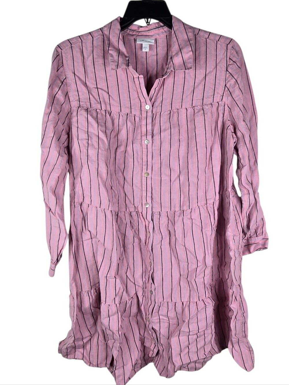 J. Jill Love Linen Womens XL Stripe Button Up Tiered Shirt Dress Pink Beach
